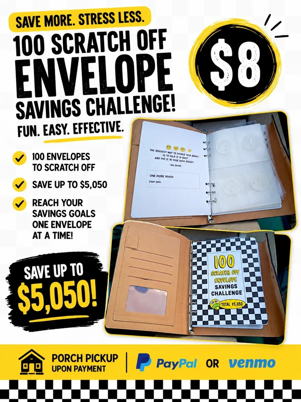 100 Scratch Off Envelope Savings Challenge Binder - Black & Yellow